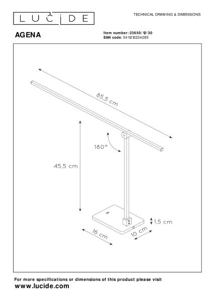 Lucide AGENA - Bureaulamp - LED Dimb. - 1x15W 2700K - Zwart - technisch